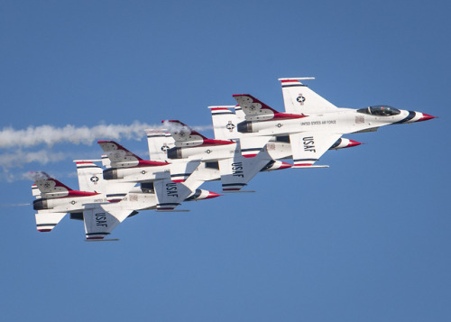 The United States Air Force Air Demonstration Squadron “Thunderbirds” execute a practice