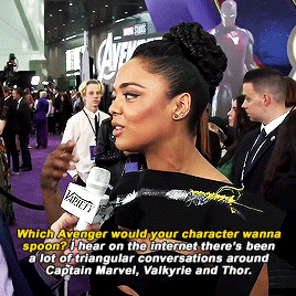 thorodinson:Tessa Thompson Says Valkyrie Would Spoon Captain Marvel, Thor