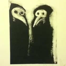 jamesjosephswartz:  “Two Lovers” Monoprint on Arches 88 paper   #printmaking #love #masks #eyeswideshut #art