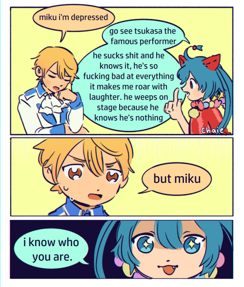 puchisekai: chaie: im a big wxs fan (original) [ID: a comic of Tsukasa Tenma and Miku as she appears