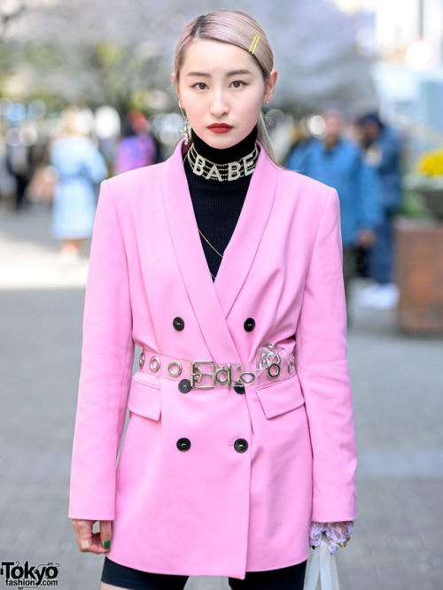 tokyo-fashion:  18-year-old Emile on the street near Bunka Fashion College in Tokyo wearing a pink blazer and biker shorts, clear Yello boots with LV logo socks, a Nana-Nana “Trash Box” tote, Ambush, Pinnap, and Kobinai items. Full Look