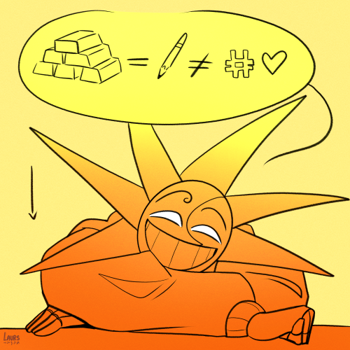 fourth panel of the comic where sun has lowered himself on the table facing upwards as if looking at my sona off-camera where his speech bubble shows a stack of gold equating to a pencil which at the same time does not equate to a drawing of a hashtag and a heart