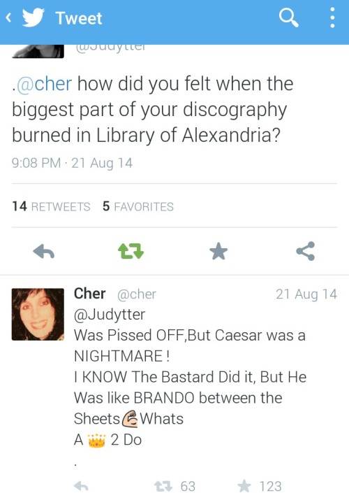 aerithnotaeris:Cher tweets always get posted but you all missed this gem