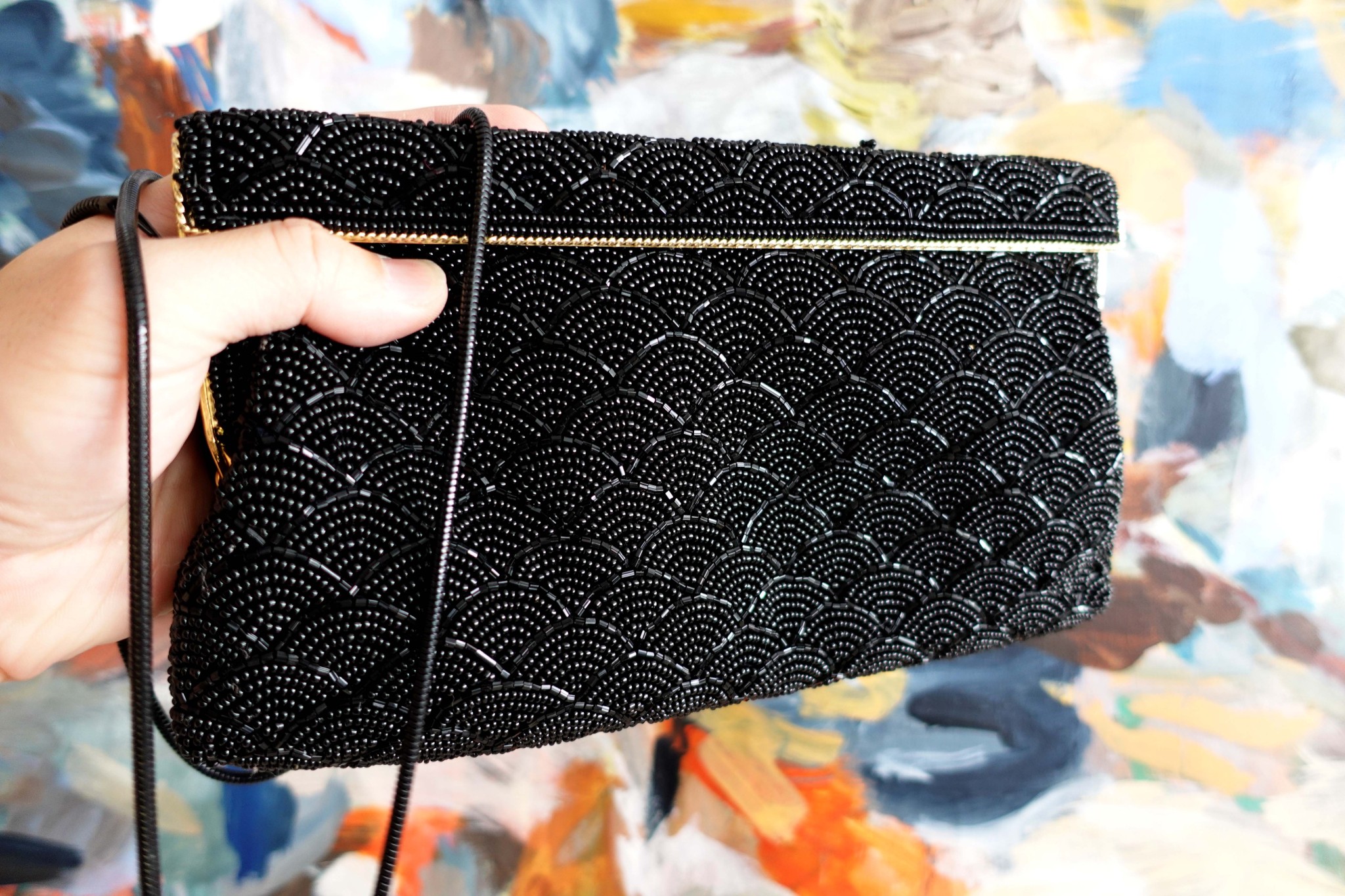 Vintage Black Beaded Clutch from Japan