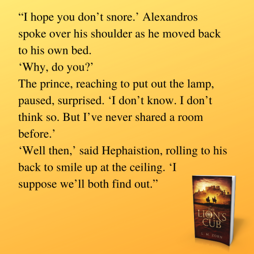 lmzorn:“I hope you don’t snore.’ Alexandros spoke over his shoulder as he moved back to his own bed.