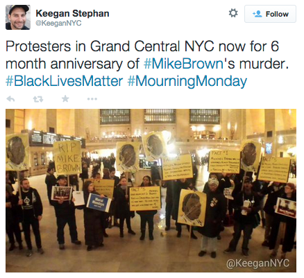 revolutionarykoolaid:Today in Solidarity (2/9/15): Protesters in New York City demonstrated for Mike Brown on the 6-month anniversary of his death at the hands of former Ferguson police officer Darren Wilson. Rest in power, Mike. #staywoke #farfromover