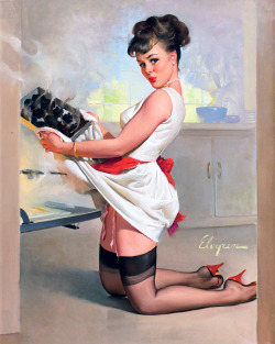 notnumbersix:  gameraboy:  Let’s Eat Out by Gil Elvgren, 1967  It almost looks like she did that on purpose!