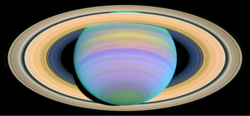 joshuatillmann:  just–space:  Saturn and its rings captured by Hubble in Ultraviolet light.  js