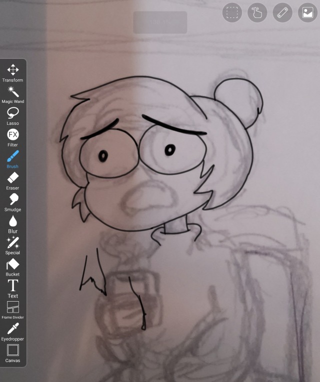 screenshot from a drawing app of a lineart drawing in progress over a sketch of a cartoon person. There are two very scraggly lines made incohrently in the bottom left which look like the leter W and the letter I respectively. 