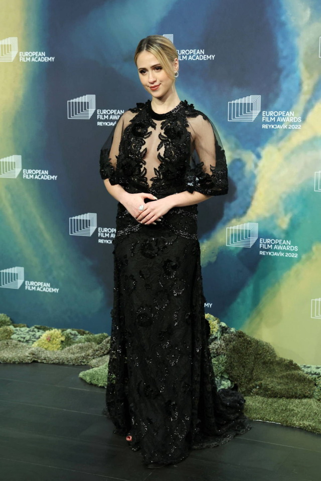 MARIA BAKALOVA at the 2022 European Film Awards on December 10th 2022 wearing GEORGES CHAKRA COUTURE