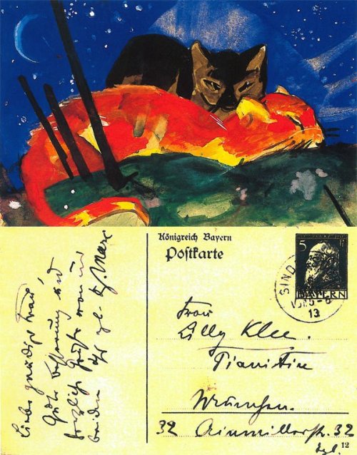 decadentiacoprofaga: Postcards by Franz Marc, 1913. Source. Two Foxes – to Albert Bloch in Mun