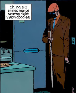jumpingjacktrash:  theriu:  towritecomicsonherarms:  legendary  This is at its funniest if you understand that turning on the lights totally blinds people wearing night vision goggles.  is this matt murdock 