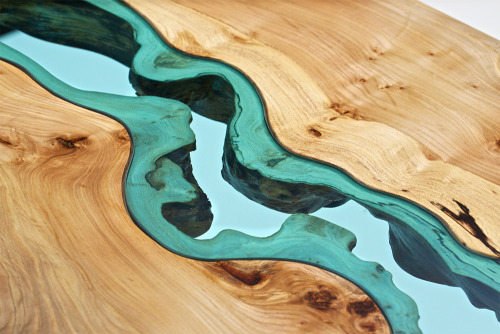 itscolossal:Table Topography: Wood Furniture Embedded with Glass Rivers and Lakes by Greg Klassen