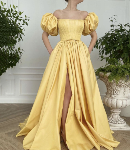 (via Home from Dreamy Dress) Yellow satin long prom dress