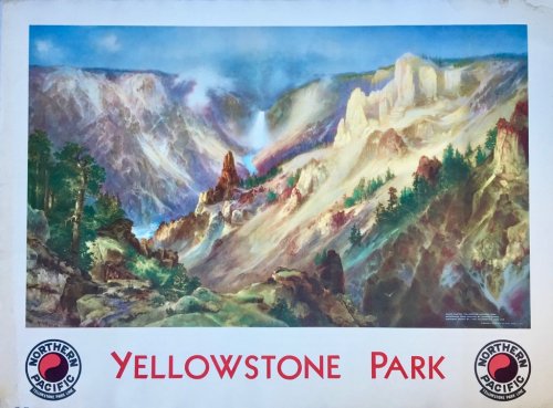 Vintage travel poster of Yellowstone National Park for the Northern Pacific Railway’s Yellowstone Pa