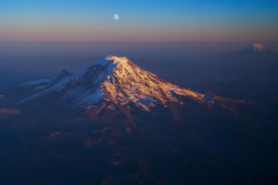te5seract:  Mt. Rainier with Mt. Adams and MoonMt. Adams in Washington State at dusk by  Brian Enright   