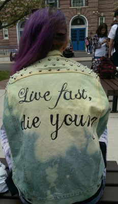 cactuseeds:  Guys this jacket is super cool if I do say so myself and I’m selling it for ๖. Vintage denim jacket, hand-studded, dyed, and hand-painted by me.