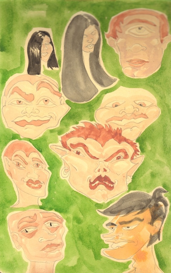 I&rsquo;ve been doodling faces in my sketchbook. Ink and/or watercolor on paper,