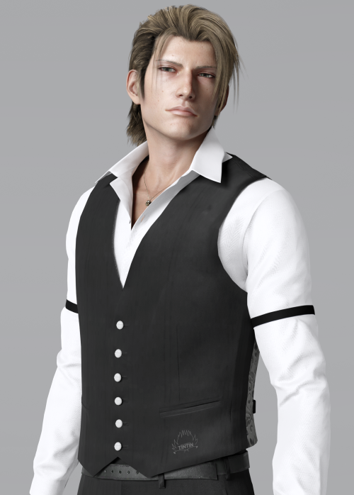 Ignis always looks great in a vest (having Rufus’ hair on him for this image does make him loo