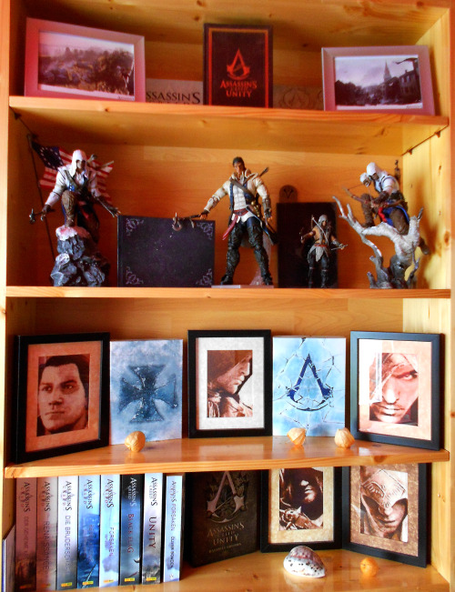 shingorengeki: One of my Assassin´s Creed Shrines, in my working room. ^____^The 5 framed Assassins,