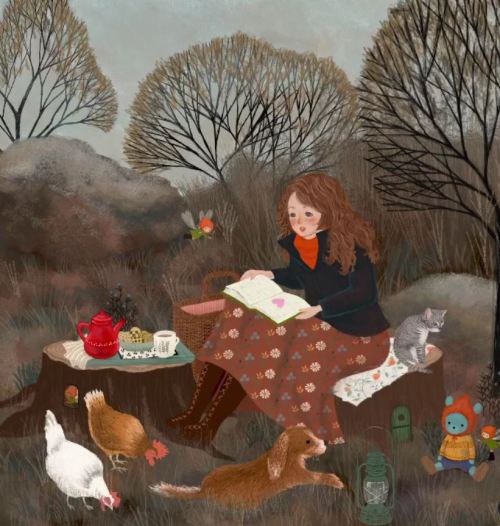 Leyendo en la naturaleza, calentando la imaginación (ilustración de Naoko Stoop)