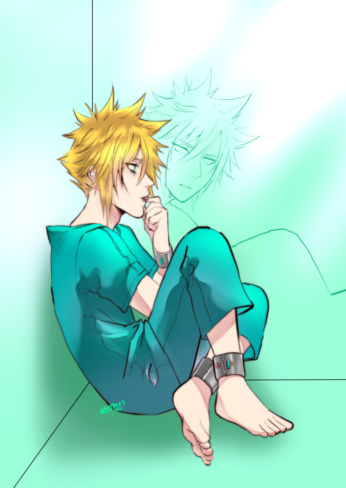 boomchickfanfiction: [Image Description: In the corner of a room made of Glass huddles Cloud Strife.