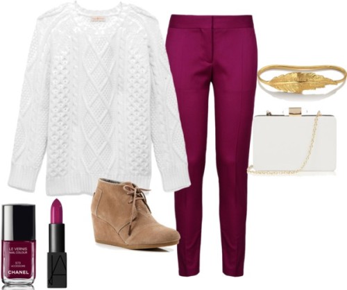 Untitled #336 by foolishlyonahill featuring a berry lipstickTory Burch cable crewneck sweater / Stel