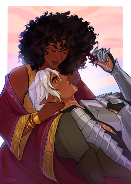 geekyblackchic:This incredible piece of my Hawke and Fenris was commissioned from @nelmdraws. I’ve b