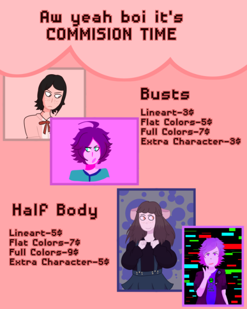 maremareartblog: overconfidentfishart:  I’m opening commissions for the first time! Note: Any extra 