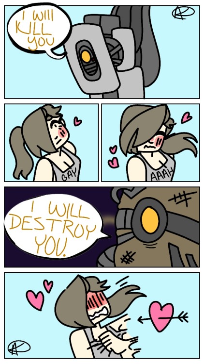 bippityboppityfa-boo-lous: You can’t tell me that Chell doesn’t have a thing for robots that want to kill her. (This is my first comic strip so don’t judge me too harshly) 