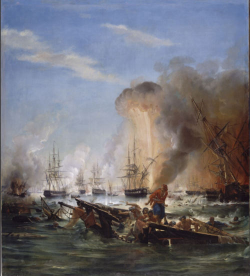 ltwilliammowett:Explosion of the Egyptian frigate Isona during the Battle of Navarino on October 20,