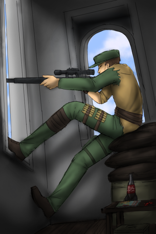 “Snipers perch” I have this stupid idea that Maccready has a habit of sitting in weird positions for