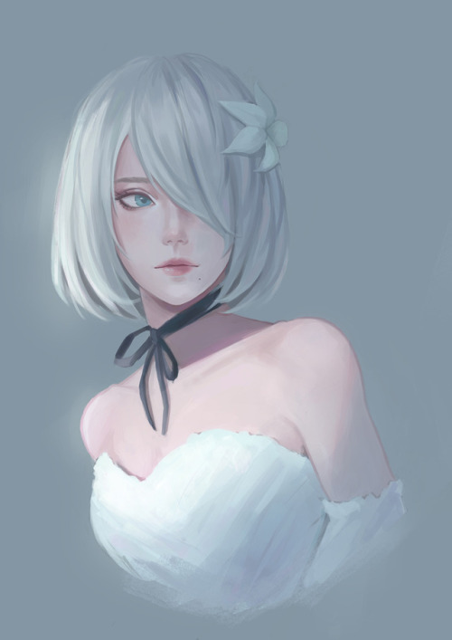 reikaaaa:  A stylized portrait study I did a few days ago ~ 2B in a white dress &gt;w&lt;! C