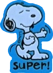 sticker of snoopy from peanuts. he is doing a swaying dance with his eyes closed. the sticker has a blue trim and reads 'super!'