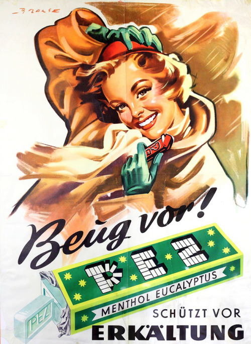 Gerhard Brause, artwork for PEZ advertising poster, 1950s. “Prevent! Pez protects from cold&rd