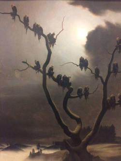 freekbugg:  sixpenceee:   Franz Sedlacek - Ghosts on a Tree - 1933  “I like how the artist paints those figures to look like vultures at  first glance. Then when you look closer, they’re actually skulls, with  bodies covered in ragged cloaks. Both