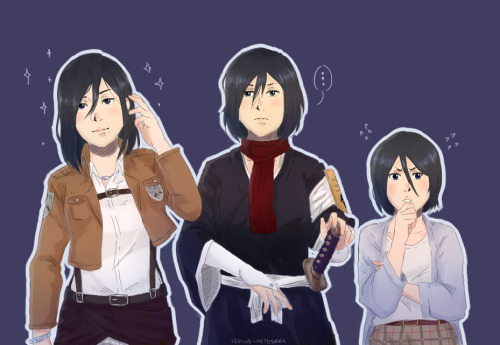 ichiro-artosaki:  are we not going to talk about the character designs? here’s izumi, mikasa, and rukia cosplaying as eachother oh mai gat rukia’s so short!!! 