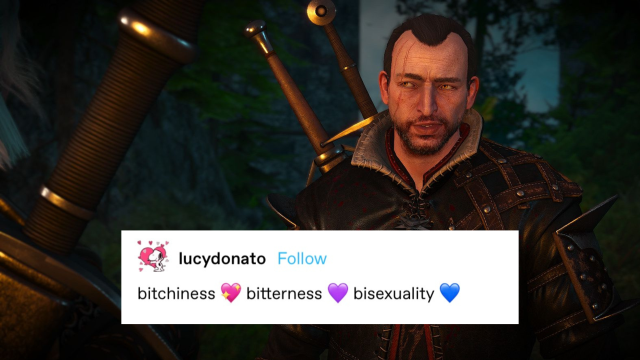 lambert looking smug with the text post "bitchiness bitterness bisexuality " 