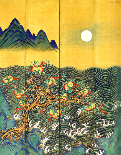 Eight-Fold Screen Painting of the Sun, Moon and Peach Trees, unknown Korean artist, 19th century