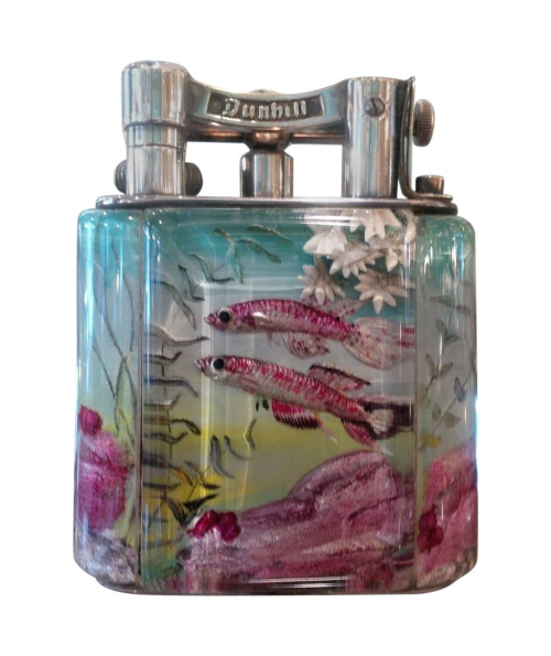 Ben Shillingford, Aquarium table lighter, 1950/60s. Hand-painted, carved plexiglass, silver plated. 