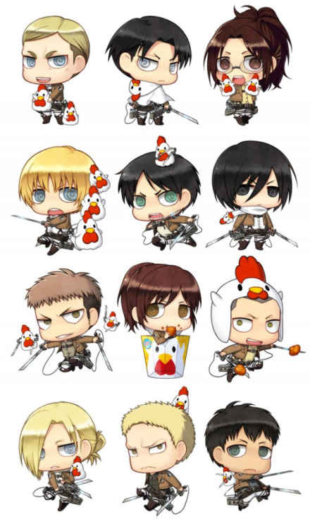 Part 2 of my Shingeki no Kyojin merchandise acquisition for today: full complete set of chimi chara prize keychains from the SnK x LAWSON collaboration, featuring many of the key characters with Karaage-kun (LAWSON’s fried chicken snack)!Perhaps every