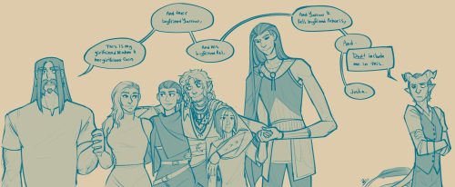 6 characters in a row. The first 5 are holding hands or hugging each other in some way, while the 6th is off to the side with his arms crossed in disgust. The 1st character is speaking. "This is my girlfriend Niamh and her girlfriend Cain, And their boyfriend Yarrow, And his boyfriend Kel, and Yarrow and Kel's boyfriend Achoris, and-" The 6th character interrupts to say "Don't include me in this." The 1st character concludes "Jaska."