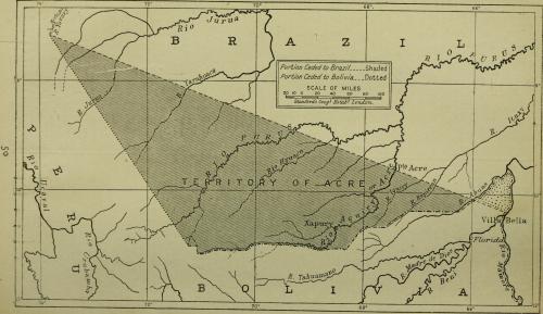 Map of the disputed territory of Acre, claimed by Peru, Bolivia and Brazil, before a settlement where Brazil purchased the land.
[[MORE]]The territory of Acre was recognized by Brazil as Bolivian, despite Peru also claiming the land. Tensions rose in...