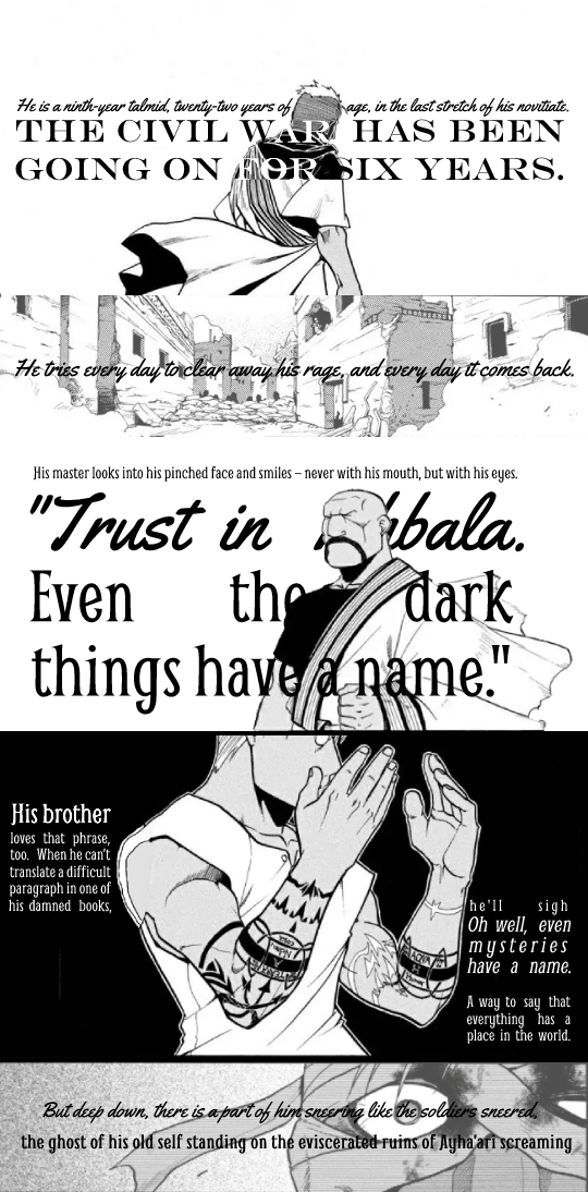 [Image ID: Several Images From The Fullmetal Alchemist Manga. They Depict Scar, His Spiritual Master,