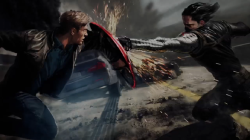 marielikestodraw:  destronomics:  The artwork from Captain America: The Winter Soldier depicts a fight scene between Steve Rogers (Chris Evans) and his old pal Bucky Barnes (Sebastian Stan), who has now been transformed into a deadly assassin, with a