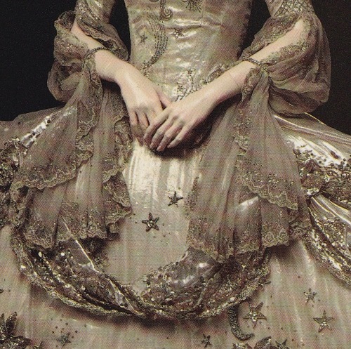 mademoisellelapiquante:Detail of costume made by Adrian for Marie Antoinette - 1938 (my scan)