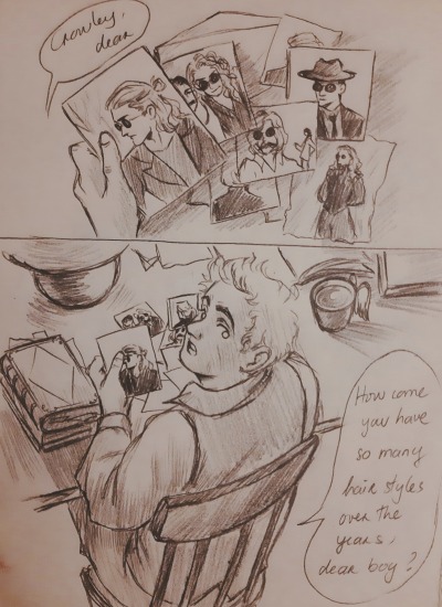 pinkpiggy93:HC: one day, Crowley and Aziraphale decided to stay home as it was raining outside. Aziraphale opened an old envelope of old pictures he had of Crowley and wondered. 