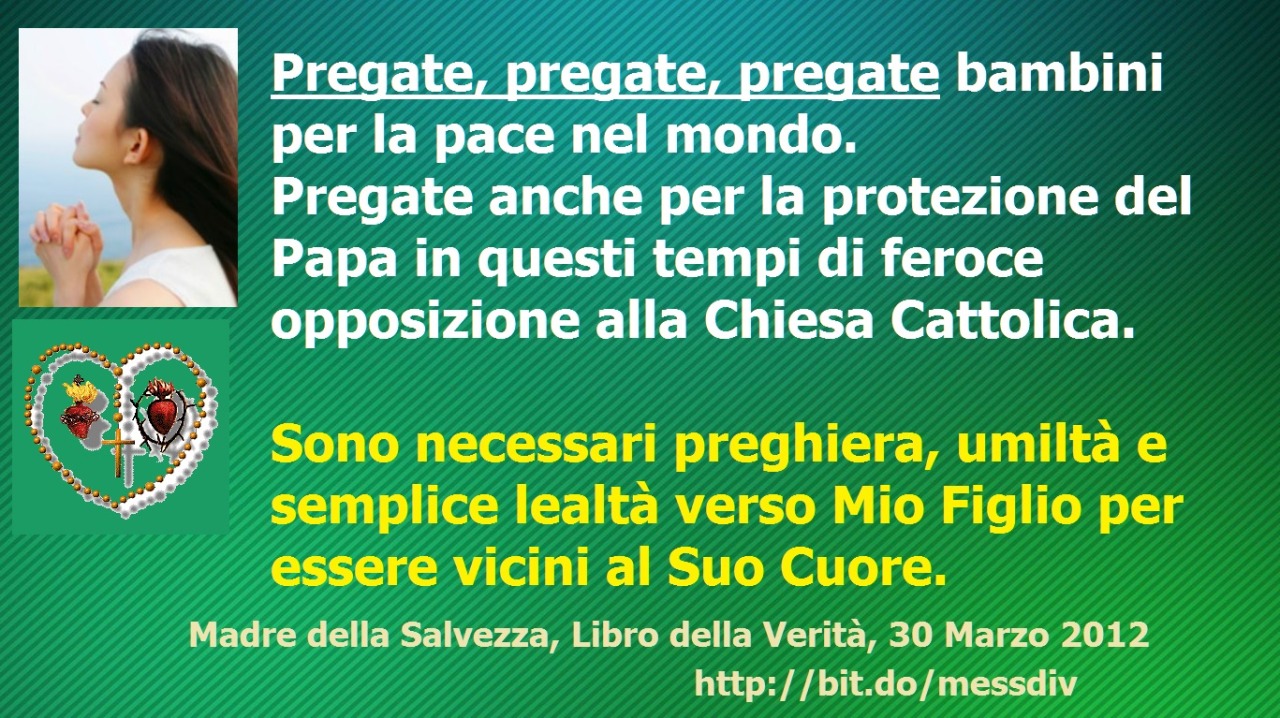 Sono necessari preghiera, umiltà e semplice lealtà verso Mio Figlio per essere vicini al Suo Cuore. August 13, 2020 at 04:00AM
Pregate, pregate, pregate bambini per la pace nel mondo.Pregate anche per la protezione del Papa in questi tempi di feroce...