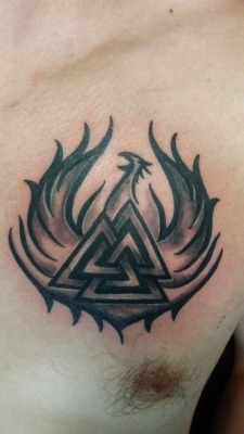 heathentattoos:  ᛟ Heathen Tattoos ᛟᚦ    Instagram  ᚦ     Great Phoenix and Valknut&hellip;. probably spelled last one wrong, sorry.