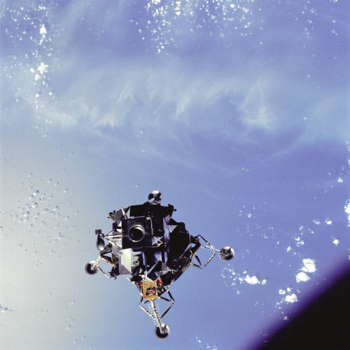 View of the Apollo 9 Lunar Module “Spider,” in a lunar landing configuration, as photogr